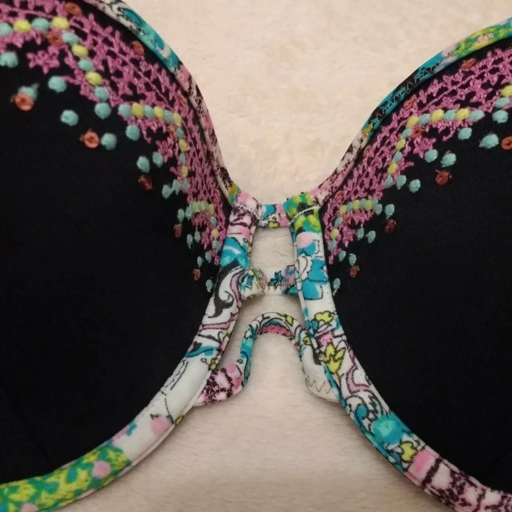 Victoria's Secret Bali Black and Multicolor Embroidered Bikini Top